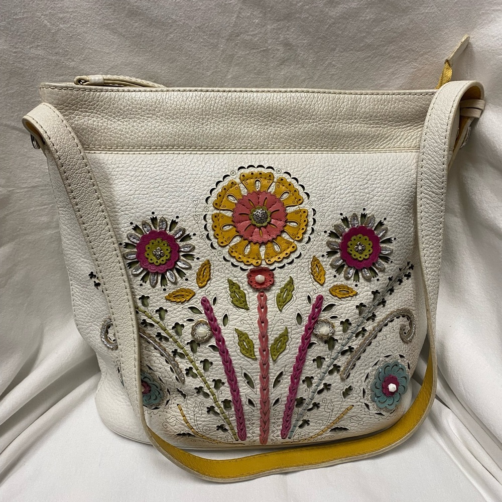 White Floral Appliqué Shoulder Bag with Multicolor Accents - Women